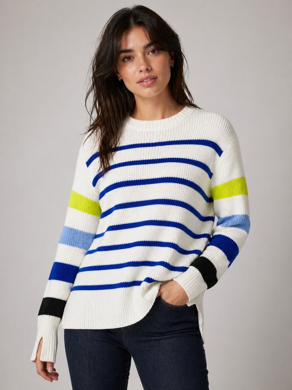 T by Talbots Striped Knit Sweater M Petite Nautical Preppy Thumbhole